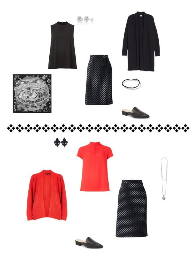 12. 2 ways to wear a black dotted skirt from a Project 333 Wardrobe