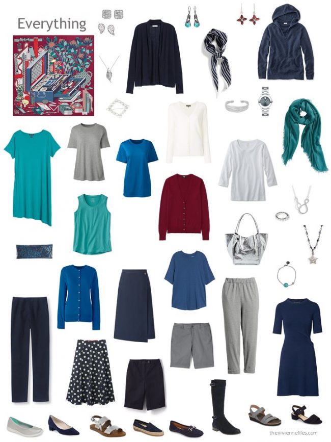 12. capsule wardrobe in navy and grey with green, blue and red accents