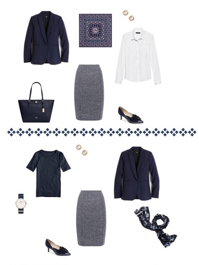 13.2 ways to wear a navy blazer and tweed skirtfrom a Project 333 Wardrobe