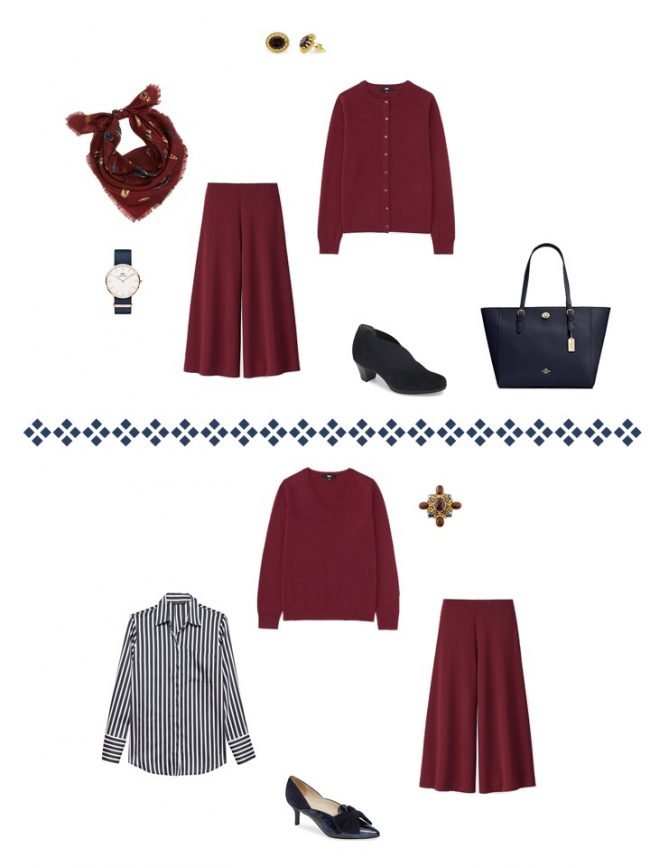 14. 2 ways to wear a burgundy split skirt from a Project 333 Wardrobe