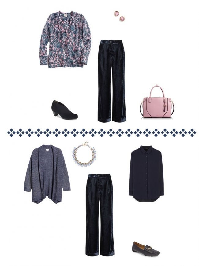 14. 2 ways to wear navy velvet pants from a Project 333 Wardrobe