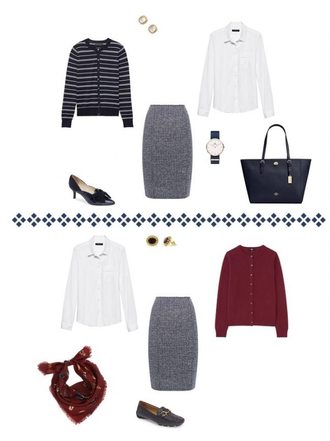 15. 2 ways to wear a navy tweed skirt from a Project 333 Wardrobe