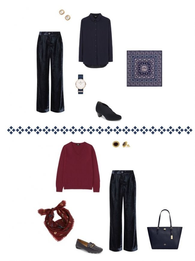 16. 2 ways to wear navy velvet pants from a Project 333 Wardrobe