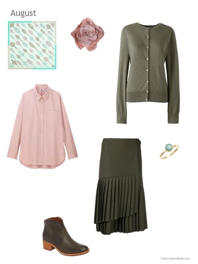 16. an olive and pink skirt outfit