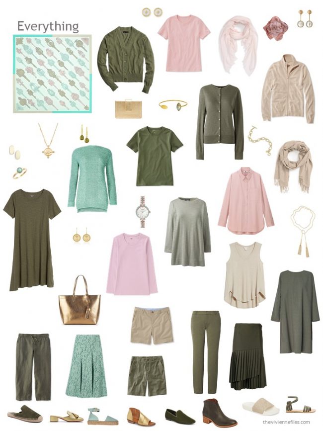 17. an olive, beige and pink capsule wardrobe