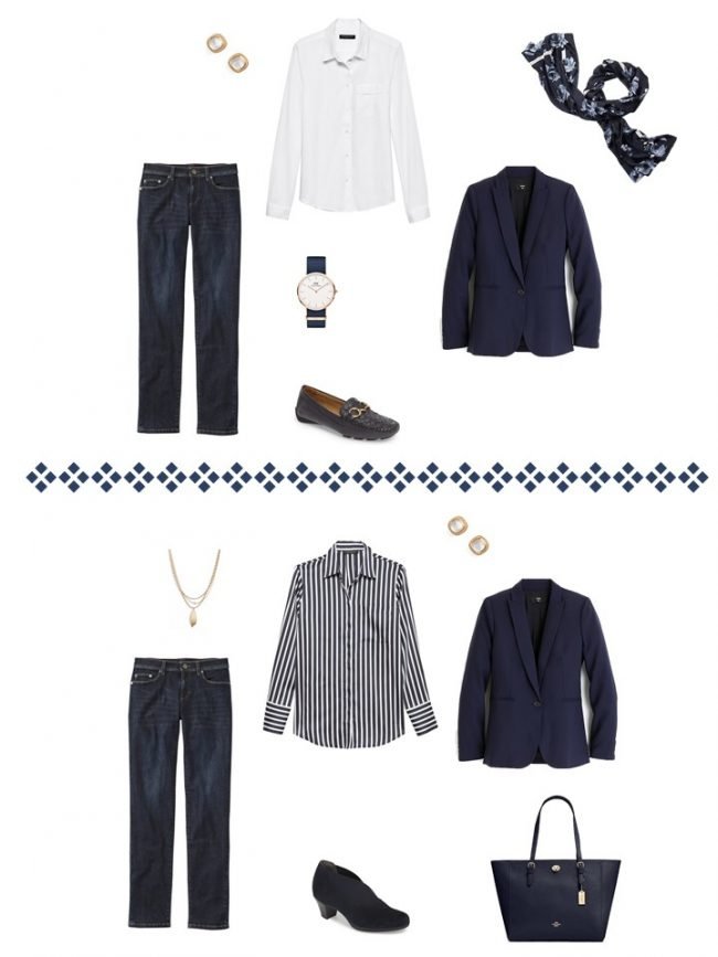 19. 2 ways to wera a navy blazer and jeans from a Project 333 Wardrobe