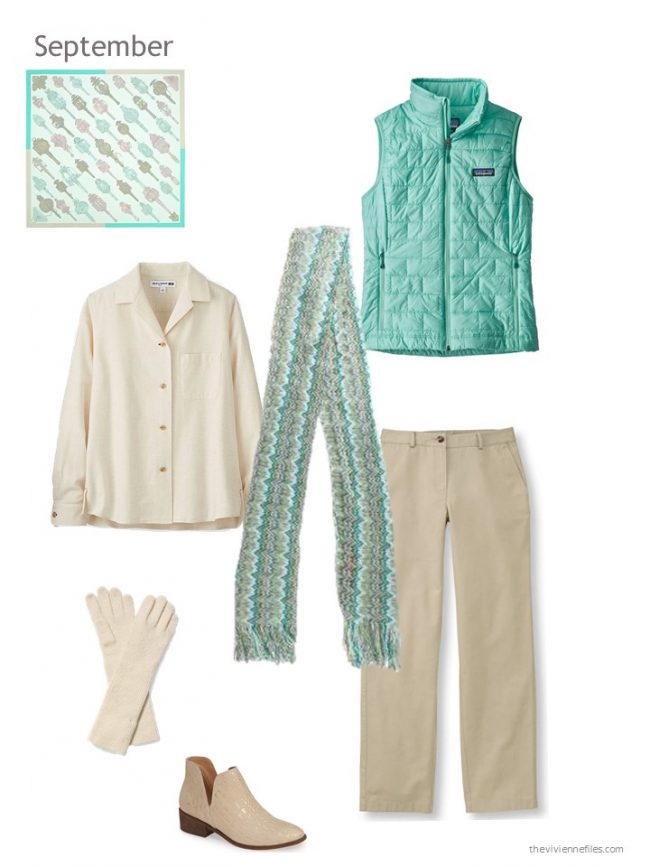 19. beige outfit with a green vest