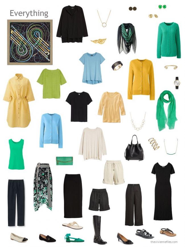 2. capsule wardrobe in black, gold, blue and green