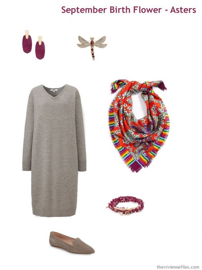 2. taupe dress with dark red accessories