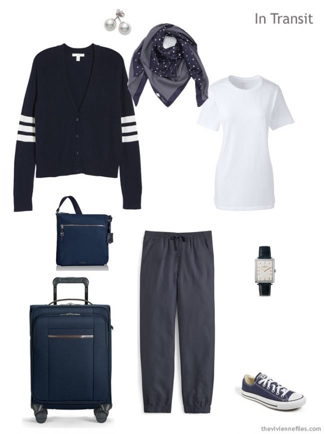 2. travel outfit in navy and white