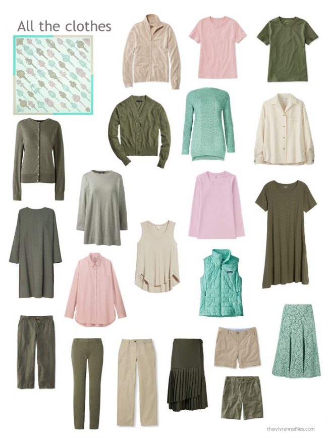 20. capsule wardrobe based on shades of green, wih beige