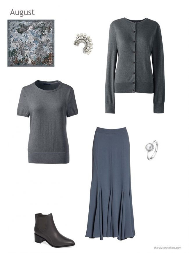 21. a grey and slate blue skirt outfit