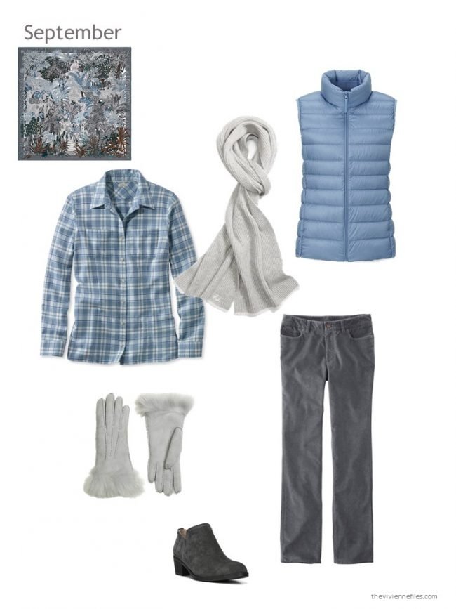 25. blue and grey outfit with blue down vest