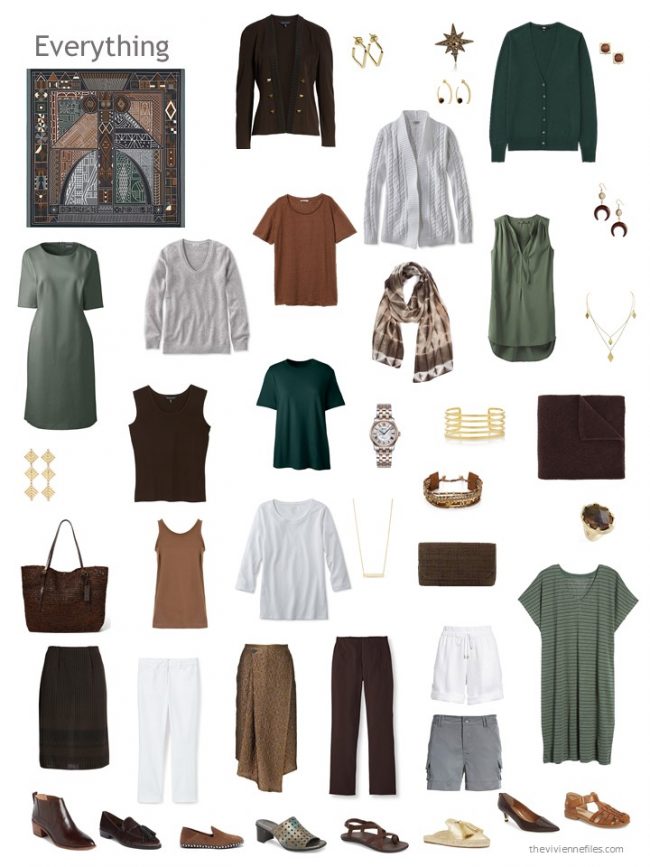 27. travel wardrobe in brown and green with grey and white accents