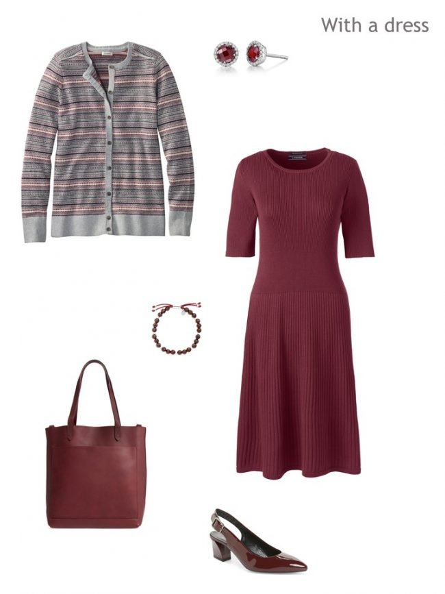 3. Fair Isle cardigan with wine dress