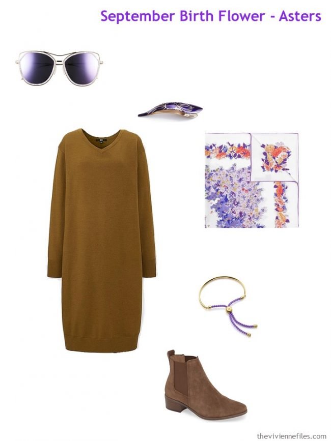 3. camel dress with violet accessories