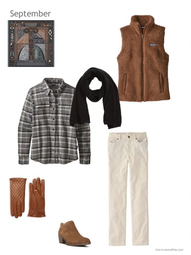 31. black and bone outfit with brown fleece vest