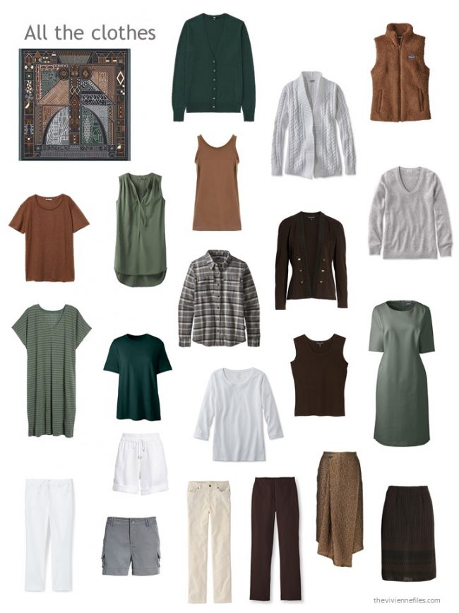 32. capsule wardrobe in black, brown, green and white