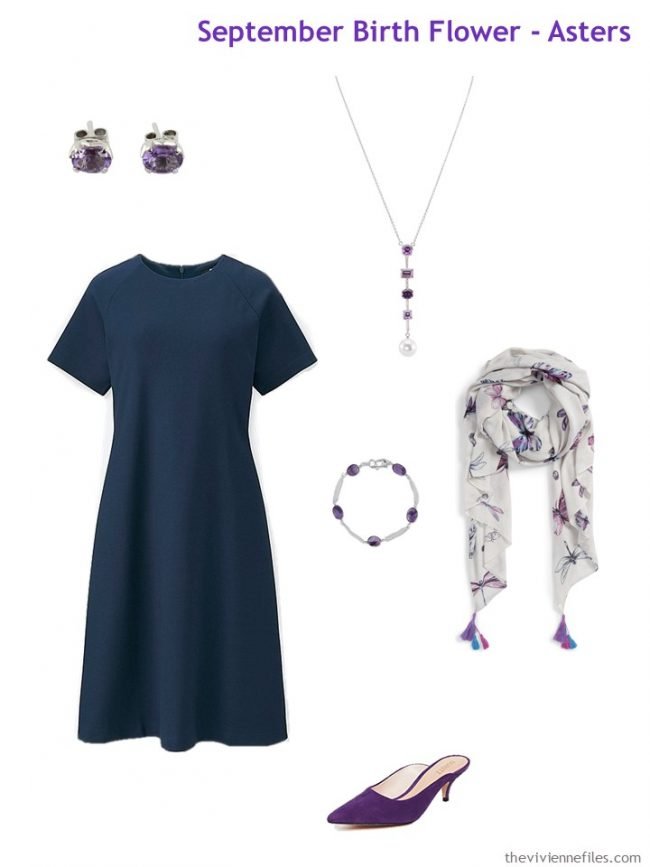 4. navy dress with purple accessories