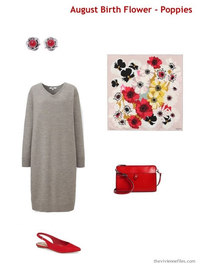 4. wearing poppy red with a grey dress