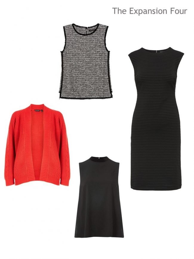 5. 4 garments in black, white and red