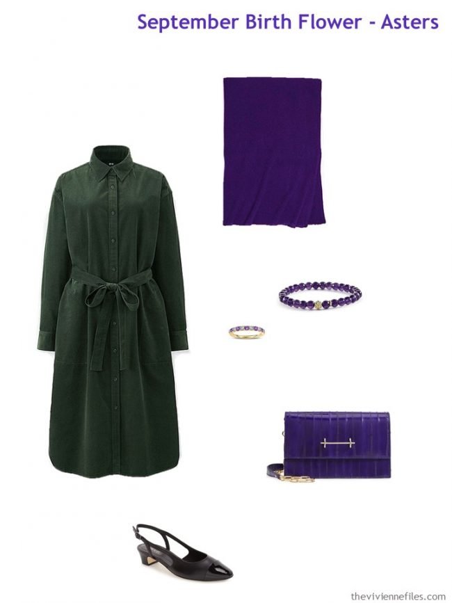 5. green dress with purple accessories
