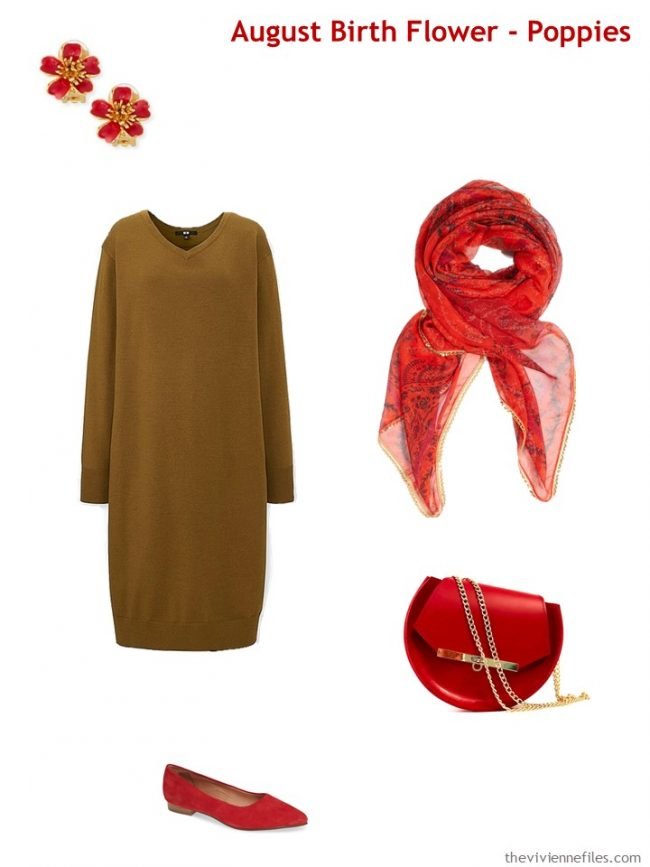 5. wearing poppy red with a dark camel dress