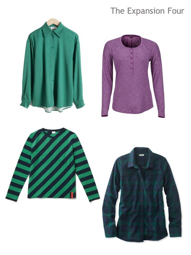 6. 4 tops for a navy, purple and green 4 by 4 Wardrobe