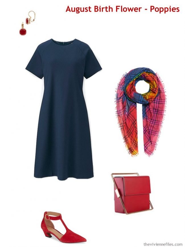 6. wearing poppy red with a navy dress