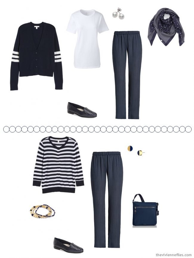 7. 2 ways to wear navy striped pants from a travel capsule wardrobe