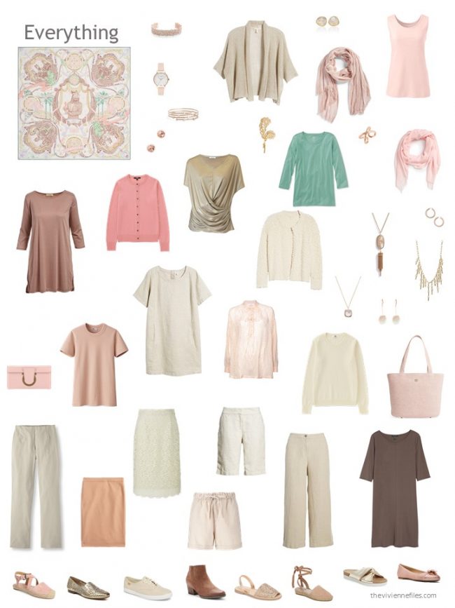 7. capsule wardrobe in beige and brown with green and pink accents