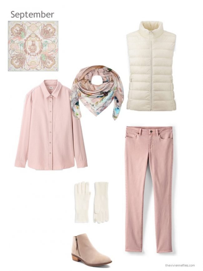 7. pink outfit with an ivory down vest