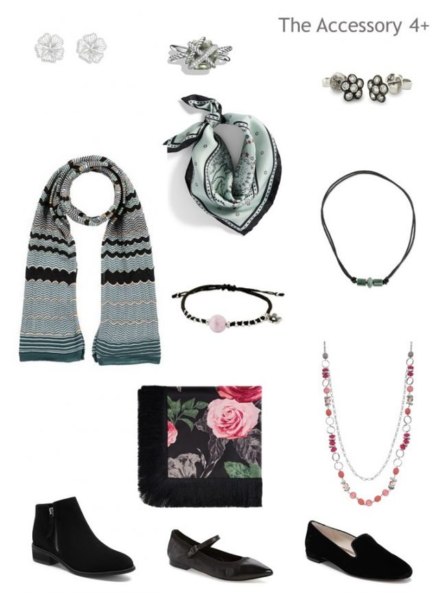 8. accessories for a Project 333 Wardrobe in black, coral and green