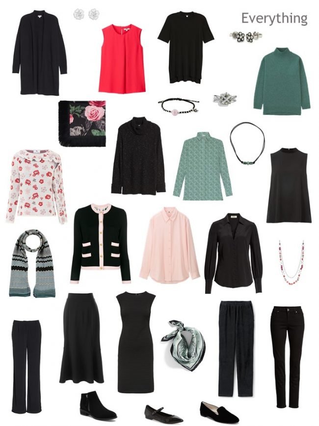 9. a Project 333 Wardrobe in black, coral and green