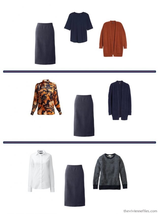 11. 3 ways to wear a navy corduroy skirt from a 4 Cluster Wardrobe