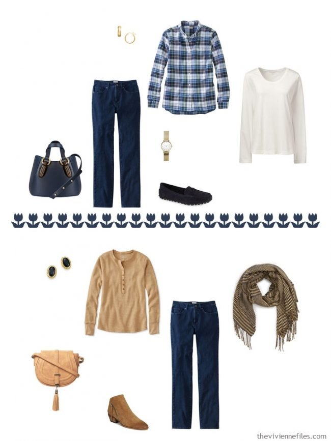 13. 2 outfits with blue jeans from a capsule wardrobe