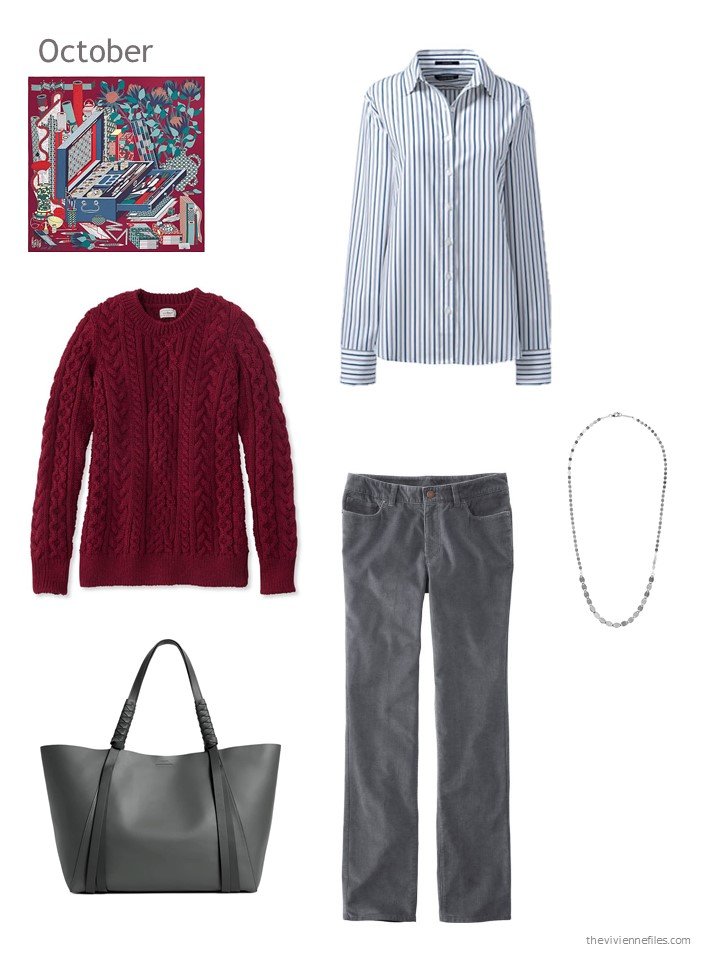 13. burgundy, blue and grey October outfit