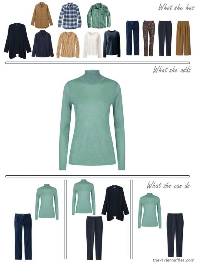 16. adding a green sweater to a capsule wardrobe