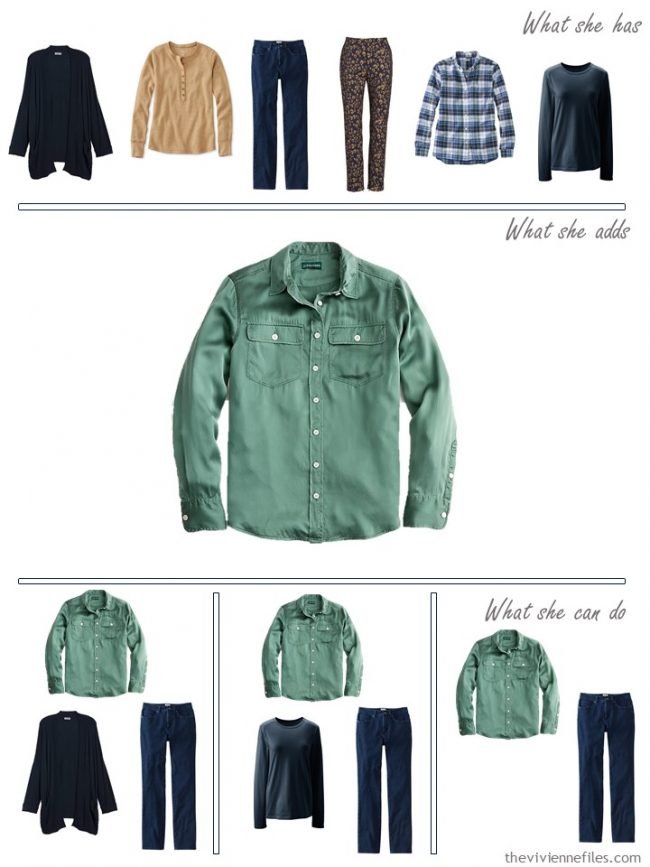 7. adding a green silk shirt to a capsule wardrobe