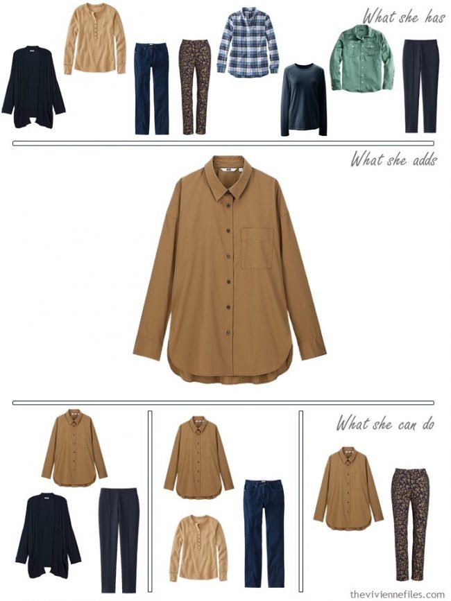 9. adding a camel shirt to a capsule wardrobe