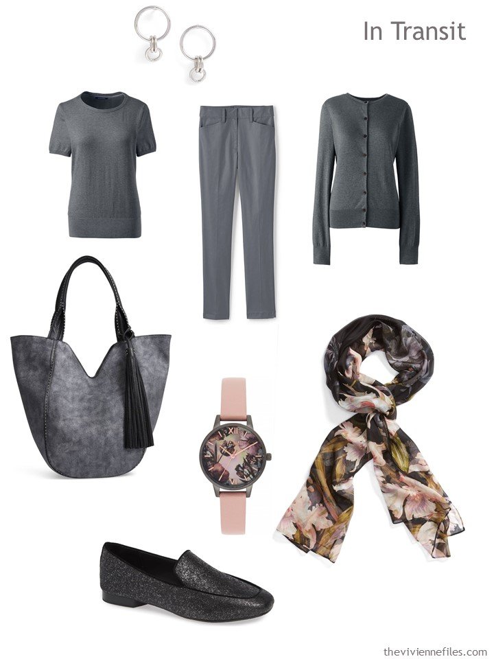 2. grey travel outfit with accessories