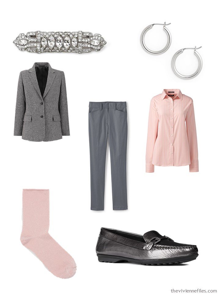 3. grey and blush outfit with accessories