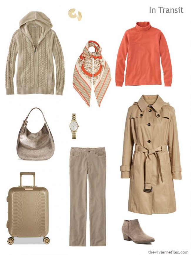 3. travel outfit in beige and orange