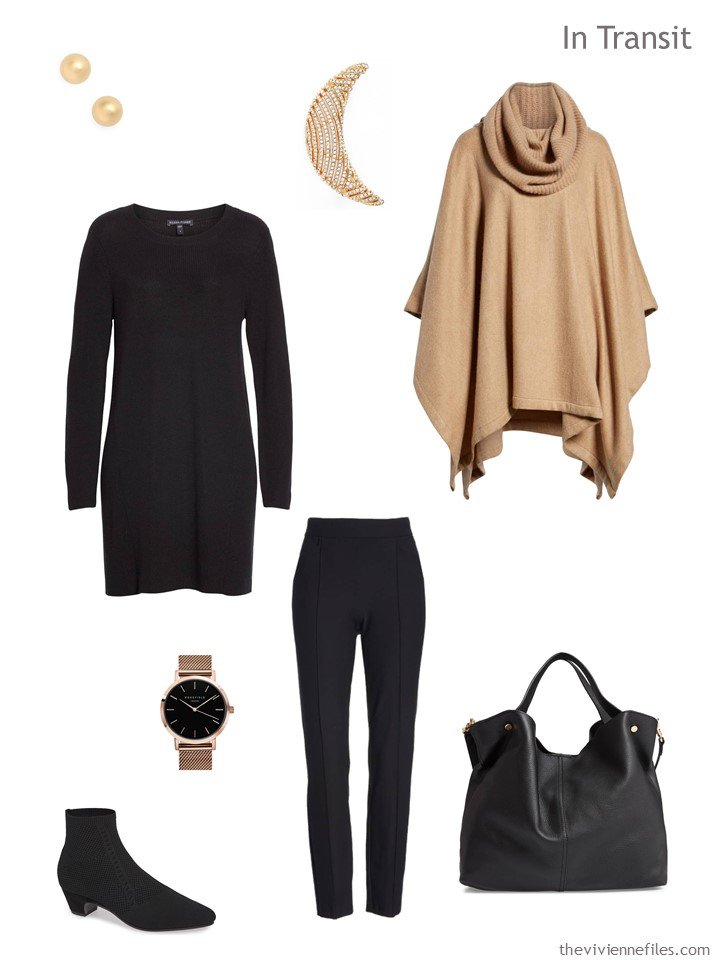 3. travel outfit in black and camel for cool weather