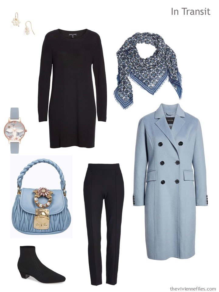 3. travel outfit in black and light blue