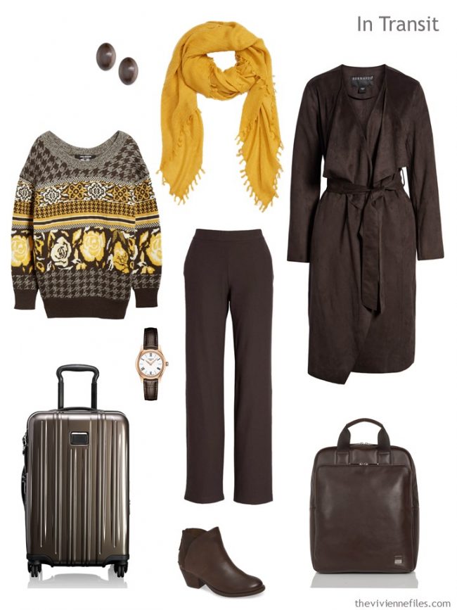 3. travel outfit in brown and gold