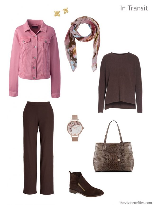 3. travel outfit in brown and pink denim