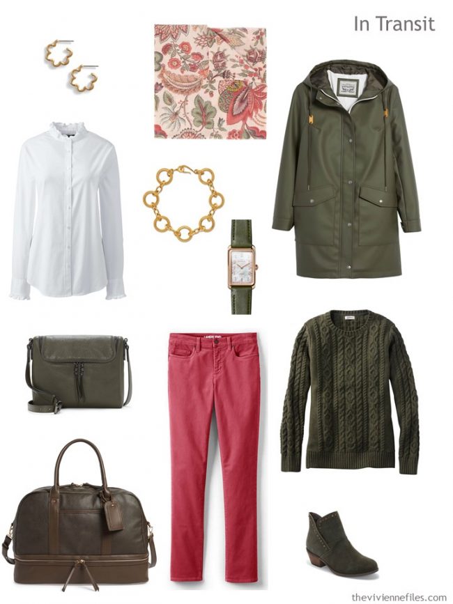 3. travel outfit in olive, white and pink