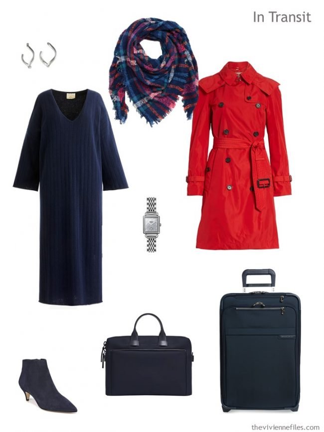 3. travel outfit of navy dress and red trench coat