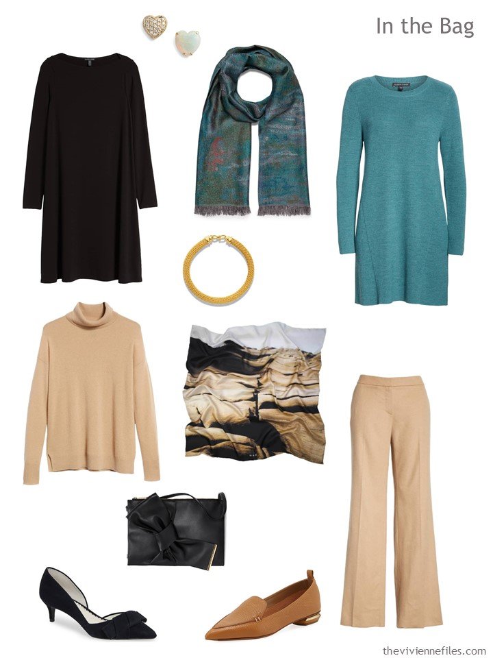 4. 4-piece travel wardrobe in black, camel and teal